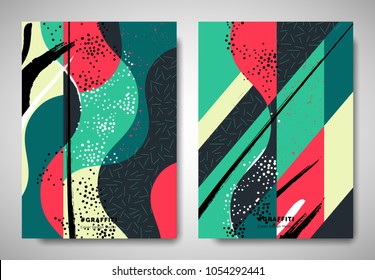 Cover/ invitation card template design, curved and diagonal ripped torn paper with abstract hand drawn art elements, retro red and green tones