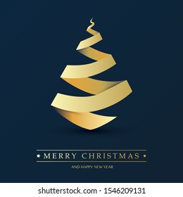 Cover, Invitation, Poster, Banner, Flyer, Placard Design with Christmas Tree Composition - Dark Blue and Golden Colors, Paper Cut Style, Vector Illustration