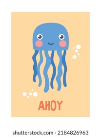 Cover with jellyfish. Poster or banner with representatives of underwater world. Graphic elements for printing on clothes, cute childish character in sea or ocean. Cartoon flat vector illustration