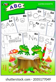 Cover for kids school workbook with exercises. Learn to trace alphabet letters. Back to school. ABC book with educational pages on line for children. Printable worksheets for textbook.