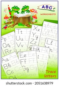 Cover for kids school workbook with exercises. Learn to trace alphabet letters. Back to school. ABC book with educational pages on line for children. Illustration of two cute frogs learning to write.