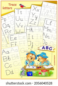 Cover for kids school workbook with exercises. Learn to trace alphabet letters. Back to school. ABC book with educational pages on line for children. Illustration of two cute frogs learning to write.