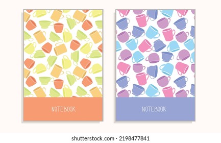Cover kitchen notebook for receipts with many different cups. Hand draw vector illustration.