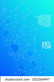 Cover layout design. Global network connection polygonal grid. Interlinked nodes, atom, social media, web or  big data cloud structure concept. Network nodes information technology concept in blue.
