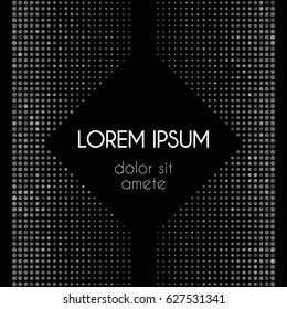 Cover layout vector template. Abstract geometric pattern with dots on black background. Modern halftones vector graphic design with circles and rhombus shape. Grey scale dots cover.