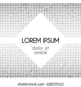 Cover layout vector template. Abstract geometric pattern with grey dots on white background. Modern halftones vector graphic design with circles and rhombus shape. Gray scale dots cover.
