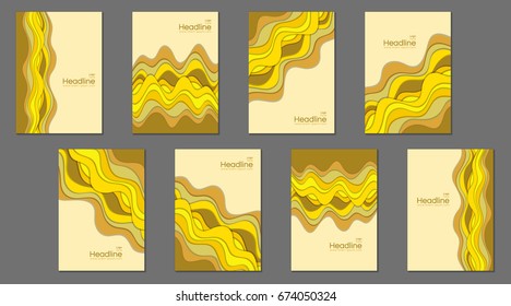 Cover layouts collection with flowing lines background, curve waves, bent geometric curls. Templates sets for banners, flyers, scientific magazines, business brochures, educational newsletters design.