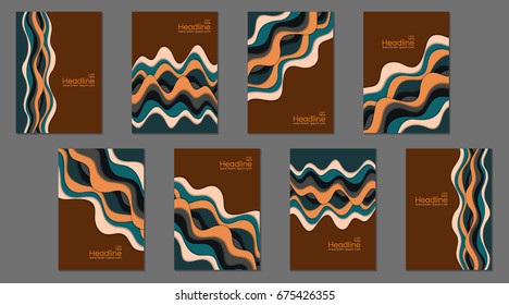 Cover layouts collection with flowing lines background, curve waves, bent geometric curls. Templates sets for banners, flyers, scientific magazines, business brochures, educational books design.