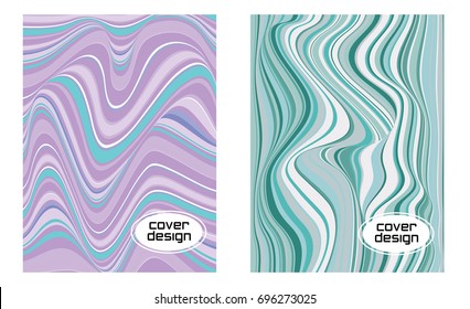 Cover layouts collection with flowing lines background, curve waves, bent geometric curls. Vector journal design geometric shape background set, halftone lines hipster pattern abstract collection.