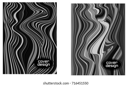Cover layouts collection with flowing lines background, curve waves, bent geometric curls. Vector journal design geometric shape background set, halftone lines hipster pattern abstract collection.
