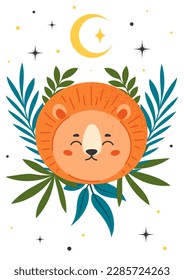 Cover with lion. Charming animal with foliage under star and moon. King of beasts, mammal and predator. African fauna and wild life, Savannah. Cartoon flat vector illustration