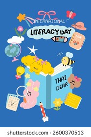 Cover literacy day, vector world book, element animal, international 