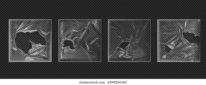 Cover made of damaged polyethylene texture vector set. Realistic mockup of plastic vinyl torn wrap. Square transparent overlay polyethylene packaging. Cling film with wrinkled and torn effect