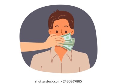 Cover man mouth with hands, bribing person for silence, or stopping disclosure of secret information. Censorship and use of money to restrict freedom of speech and violate principles of democracy