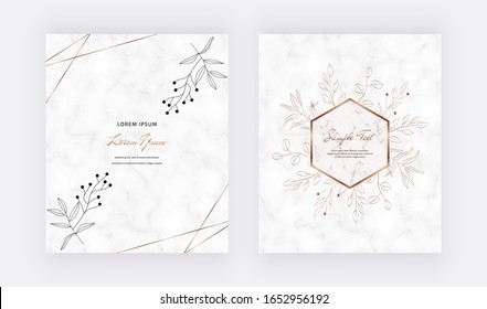 Cover marble cards with golden geometric polygonal lines frames and black leaves. Decorative lines borders. Template for wedding invitation, blog posts, banner, card, save the date, poster, flyer