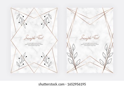 Cover marble cards with golden geometric polygonal lines frames and black leaves. Decorative lines borders. Template for wedding invitation, blog posts, banner, card, save the date, poster, flyer