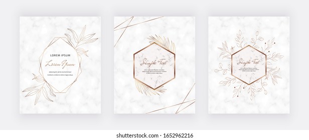 Cover marble cards with golden geometric polygonal lines frames and gold leaves. Decorative lines borders. Template for wedding invitation, blog posts, banner, card, save the date, poster, flyer