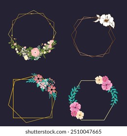 Cover marble cards with golden geometric polygonal lines frames and gold leaves. Decorative lines borders. Template for wedding invitation, blog posts, banner, card, save the date, poster, flyer