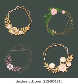 Cover marble cards with golden geometric polygonal lines frames and gold leaves. Decorative lines borders. Template for wedding invitation, blog posts, banner, card, save the date, poster, flyer