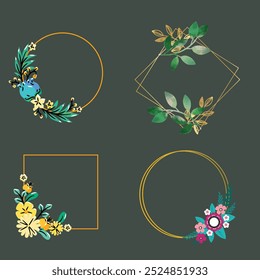 Cover marble cards with golden geometric polygonal lines frames and gold leaves. Decorative lines borders. Template for wedding invitation, blog posts, banner, card, save the date, poster, flyer