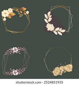 Cover marble cards with golden geometric polygonal lines frames and gold leaves. Decorative lines borders. Template for wedding invitation, blog posts, banner, card, save the date, poster, flyer