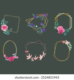 Cover marble cards with golden geometric polygonal lines frames and gold leaves. Decorative lines borders. Template for wedding invitation, blog posts, banner, card, save the date, poster, flyer