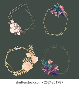 Cover marble cards with golden geometric polygonal lines frames and gold leaves. Decorative lines borders. Template for wedding invitation, blog posts, banner, card, save the date, poster, flyer