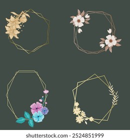 Cover marble cards with golden geometric polygonal lines frames and gold leaves. Decorative lines borders. Template for wedding invitation, blog posts, banner, card, save the date, poster, flyer