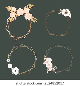 Cover marble cards with golden geometric polygonal lines frames and gold leaves. Decorative lines borders. Template for wedding invitation, blog posts, banner, card, save the date, poster, flyer