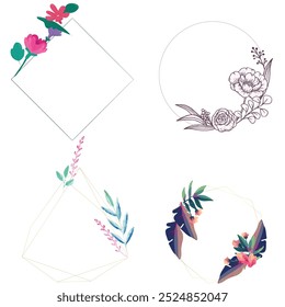 Cover marble cards with golden geometric polygonal lines frames and gold leaves. Decorative lines borders. Template for wedding invitation, blog posts, banner, card, save the date, poster, flyer