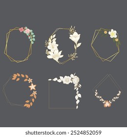 Cover marble cards with golden geometric polygonal lines frames and gold leaves. Decorative lines borders. Template for wedding invitation, blog posts, banner, card, save the date, poster, flyer