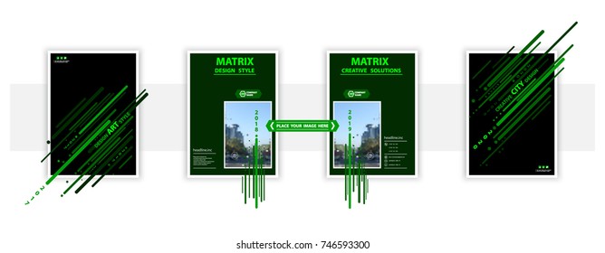 
Cover in matrix style.Matrix,abstract background.Model Annual report.2018,2019, 2020.Set. Modern.Futuristic design, stripes. number of banners,posters, flyers. green.Vector illustration. A4 format
