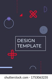 Cover memphis vertical template closeup with space for text. Geometric trendy style art element and different shape background. Great for magazine, pattern cover poster, banner. Vector illustration