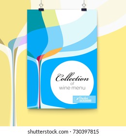 Cover for menu, abstract composition with wine glass, 3D illustration. Wine list design template for bar or restaurants. Vector poster with text design on graphic background