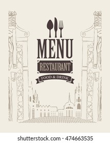 cover menu for cafe or restaurant with drawing house in old town