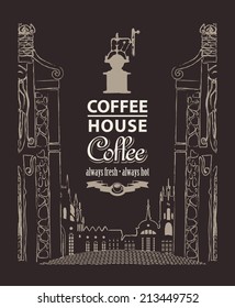 Cover menu for coffee house with a picture of the old town