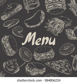 Cover for menu. Fast food. Burgers, fried chicken wings, french fries, donuts, sandwiches, wraps, pita, pizza, soda, ice cream.