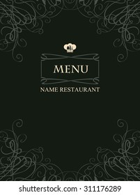 Cover menu with flourishes and toque on a black background