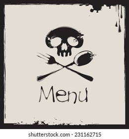 Cover for a menu with a human skull with a spoon and fork