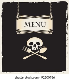 Cover for a menu with a human skull with a spoon and fork