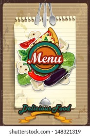 Cover menu with sheet of paper where you write the ingredients -Vintage effects can be removed-transparency blending effects and gradient mesh-EPS10