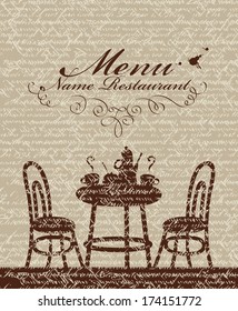 Cover for a menu with a table, chairs and tea in a cafe
