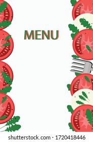 cover menu tomatoes, mozzarella, arugula, spices, blue background