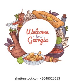 Cover for menu traditional georgian cuisine. Colorful sketch vector illustration of caucasian food - bakery, sauces, appetizers and dishes from meat