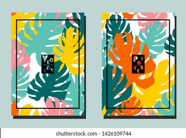 Cover with monstera  leaves. Yellow, orange, blue, pink, turquoise colors. Two floral vector templates of flyers. A4 format. Perfect for cover design, brochure, posters.