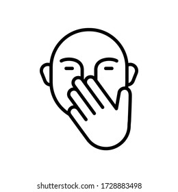 Cover mouth with hand while sneezing. Linear icon of touch face or don't talk. Illustration of yawn out of boredom, close nose from bad smell, hygiene rules. Contour isolated vector, white background