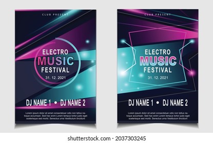 Arrière-plan modèle de prospectus de musique de couverture avec disposition colorée sur fond gris bleu foncé. Image vectorielle d'électro clair pour l'événement festival concert, danse, disco, invitation à la discothèque