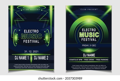 Cover music poster flyer design template background with layout green color on dark blue glitters style. Light electro vector for event festival concert, dancing, disco, night club invitation
