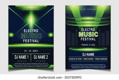 Cover music poster flyer design template background with layout green color on dark blue glitters style. Light electro vector for event festival concert, dancing, disco, night club invitation