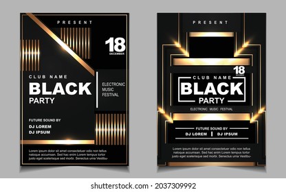 Cover music poster flyer design template background with layout gold glitters color on dark style. Light electro vector for event festival concert, dancing, disco, night club invitation